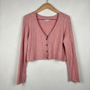 American Eagle Pink Cropped Cardigan Large Ribbed Soft Girl Preppy Balletcore